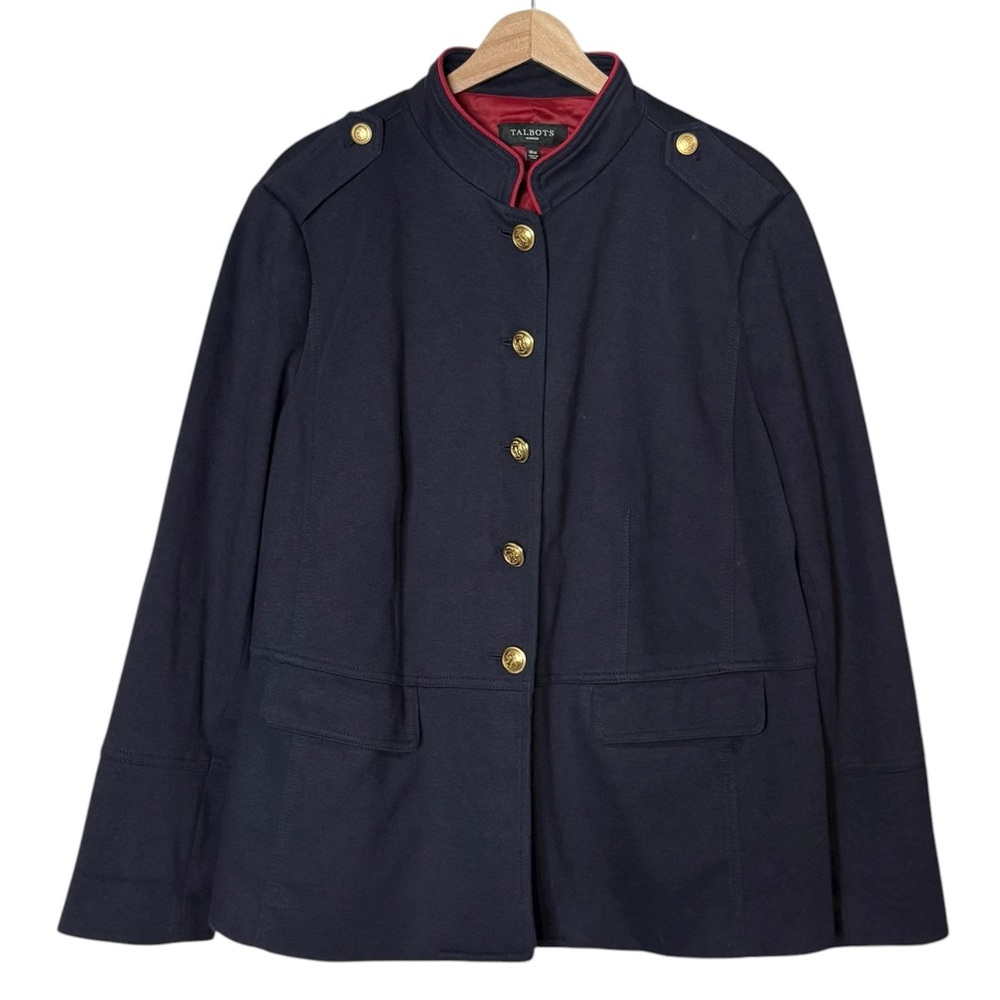 Talbots Military Blazer Navy Blue Gold Crest Button Twill A-Line Size 18W Pocket